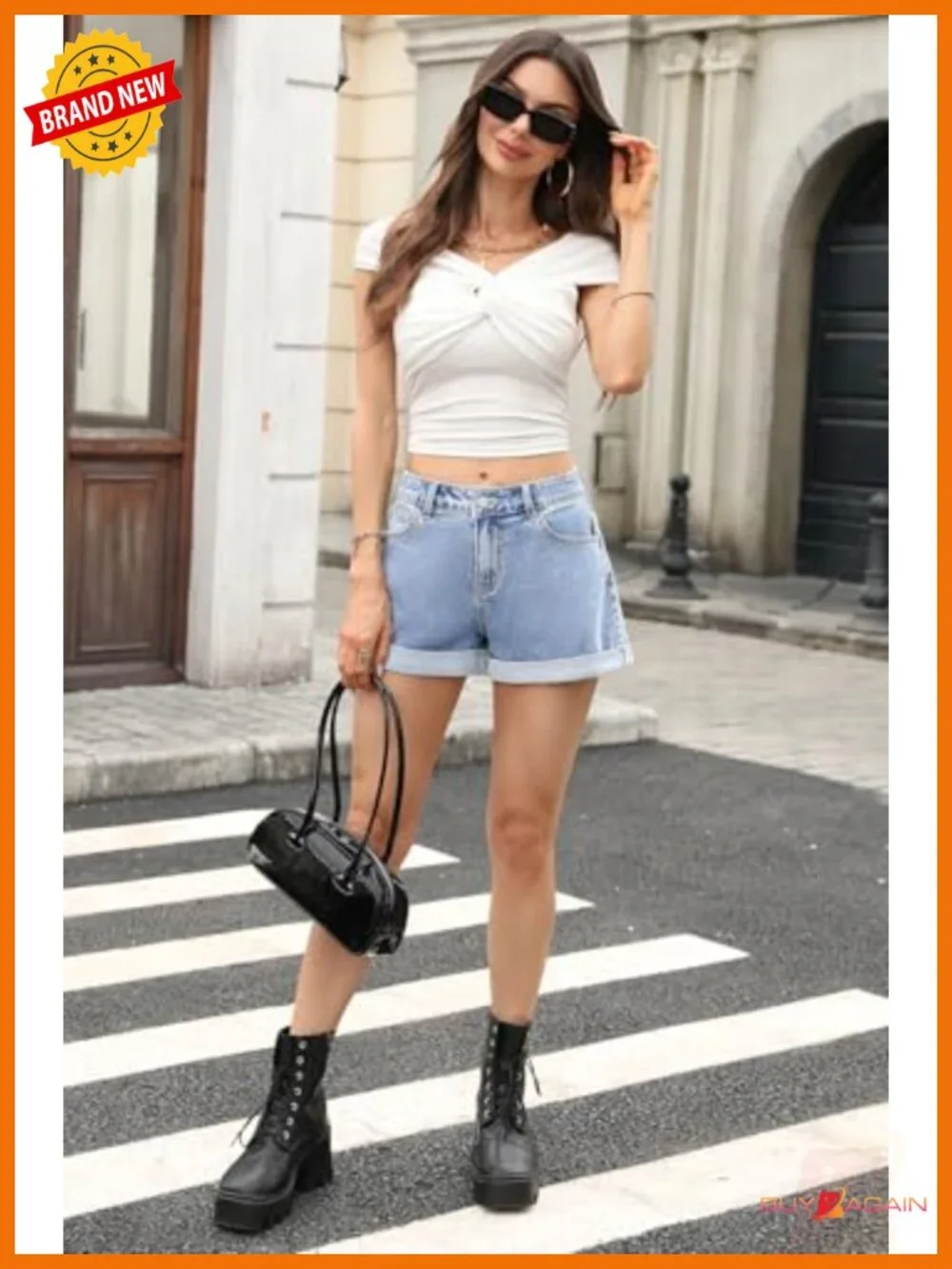 Low Rise Baggy Denim Shorts Stretchy Cuffed Hem Casual Summer Jorts